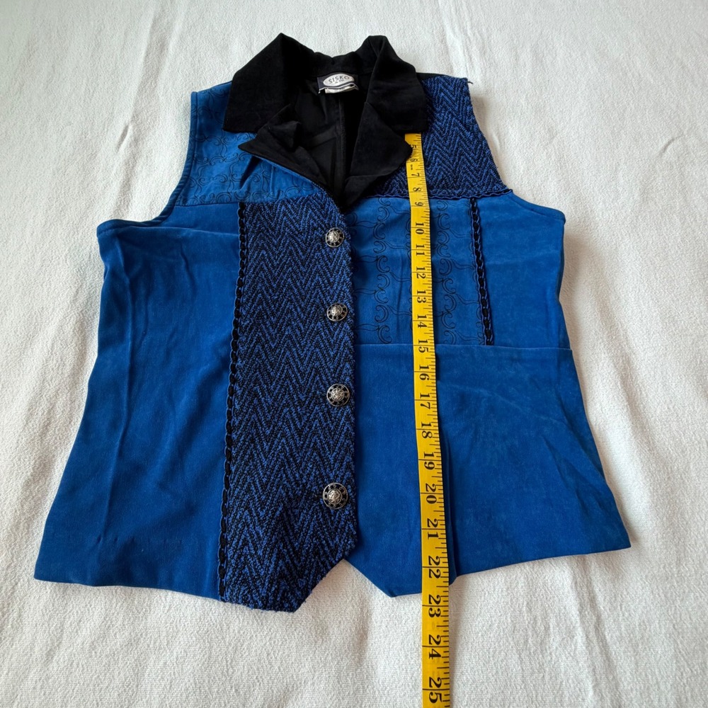 Sisko VTG Blue Black Patchwork Embroidered Button Front Vest Ornate Buttons S - Picture 8 of 10